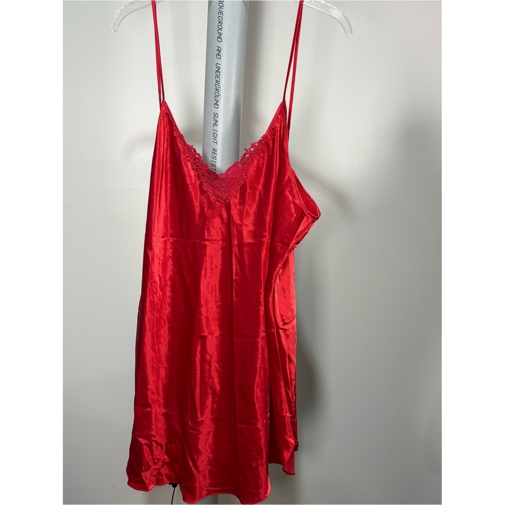 Vtg Secret Treasures Red Satin‎ Nightgown Lingerie Lace Trim XL-1X